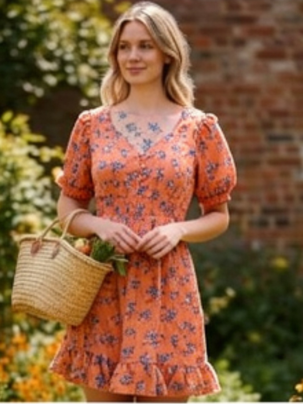 B. Smart Orange Floral V-Neck Puff-Sleeve Mini Dress